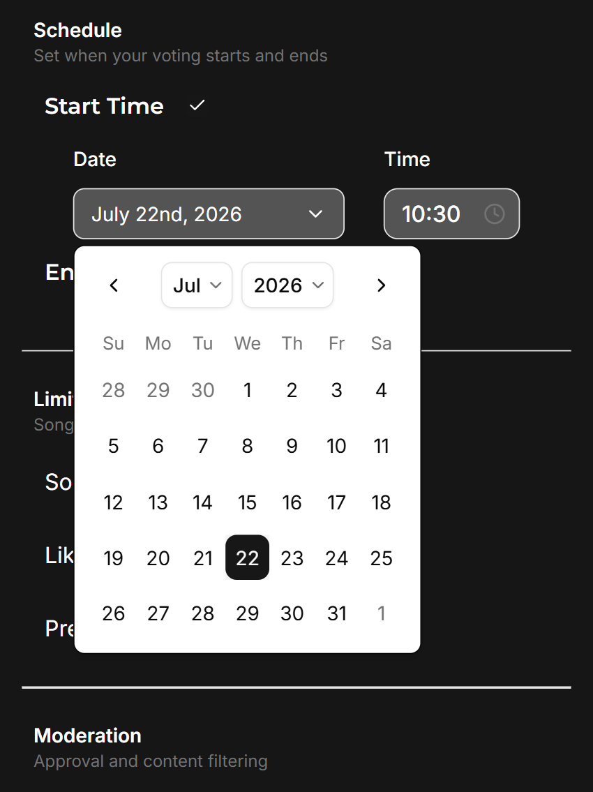 Audlect voting deadline settings in dark mode