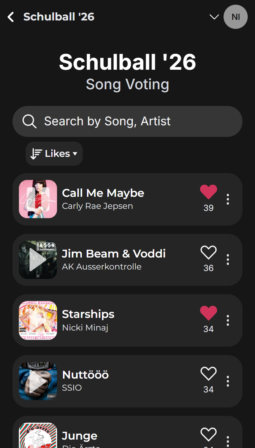 Audlect music voting interface showing guest song voting